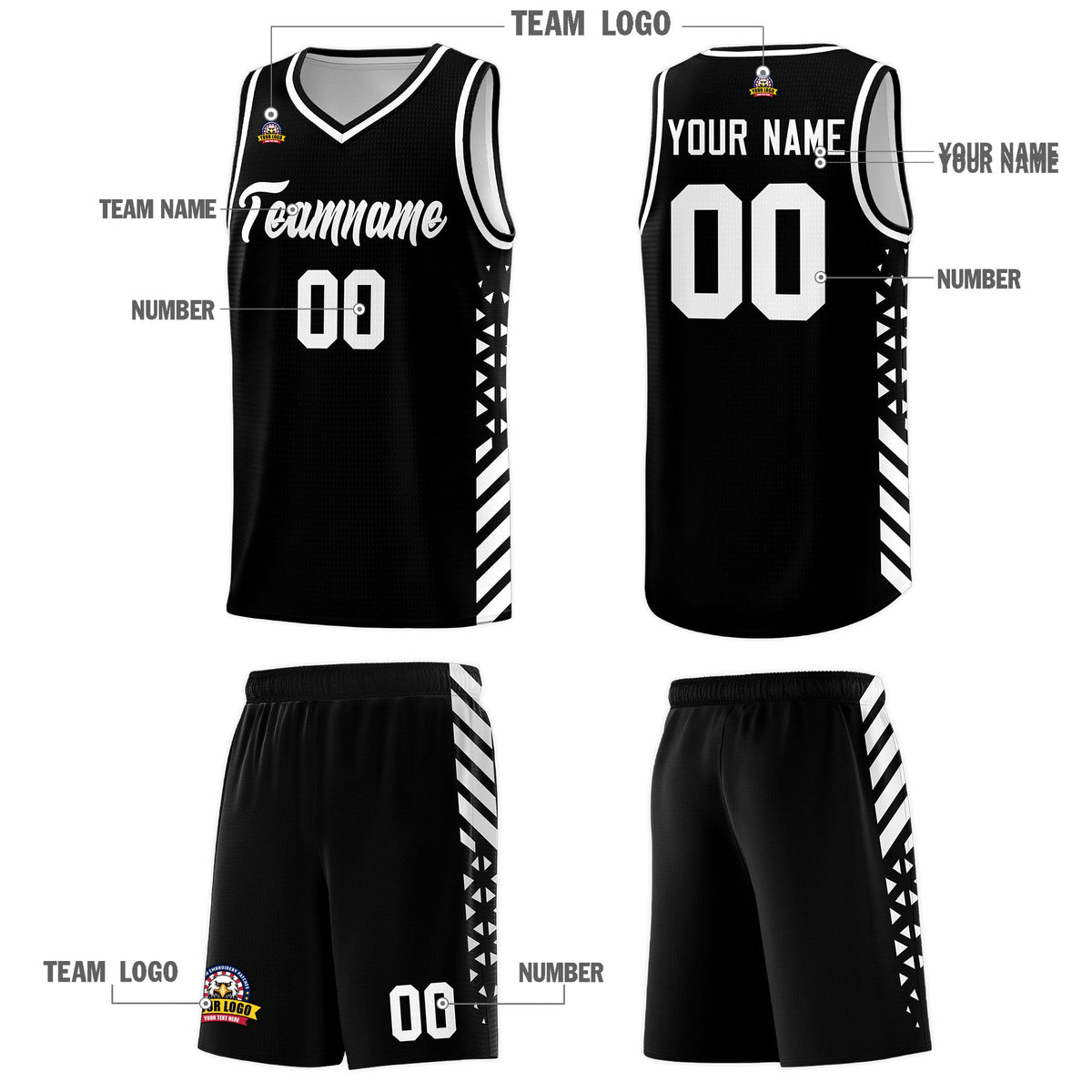 Custom Black White Side Diamond Shapes Stripes Basketball Jersey | For Men,Sublimation Printed,Perfect for Teams,Perfect for Coaches | KXKSHOP