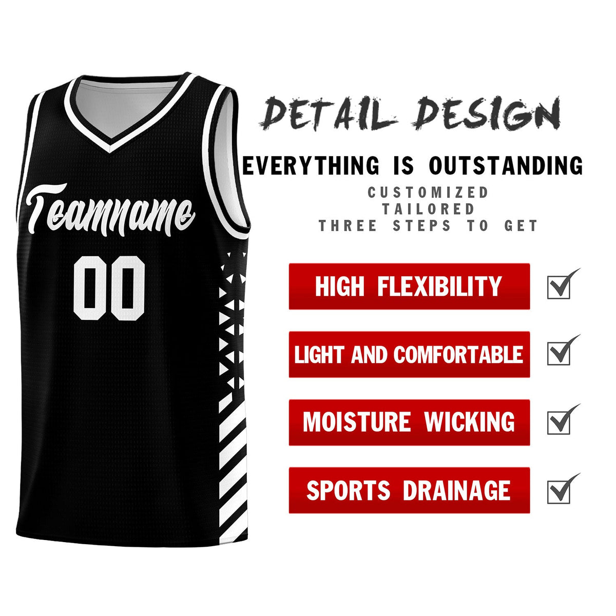 Custom Black White Side Diamond Shapes Stripes Basketball Jersey | For Men,Sublimation Printed,Perfect for Teams,Perfect for Coaches | KXKSHOP