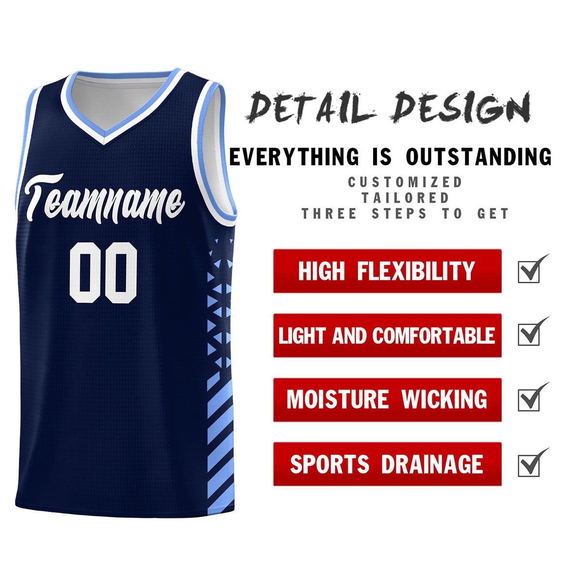 Custom Navy Light Blue White Side Diamond Shapes Stripes Basketball Jersey | For Men,Sublimation Printed,Perfect for Teams,Perfect for Coaches | KXKSHOP