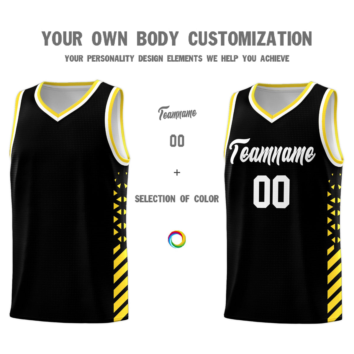 Custom Black Gold White Side Diamond Shapes Stripes Basketball Jersey | For Men,Sublimation Printed,Perfect for Teams,Perfect for Coaches | KXKSHOP
