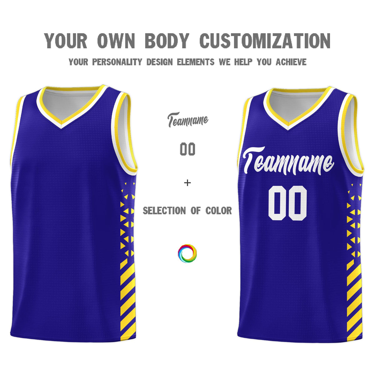 Custom Royal Blue Gold White Side Diamond Shapes Stripes Basketball Jersey | For Men,Sublimation Printed,Perfect for Teams,Perfect for Coaches | KXKSHOP