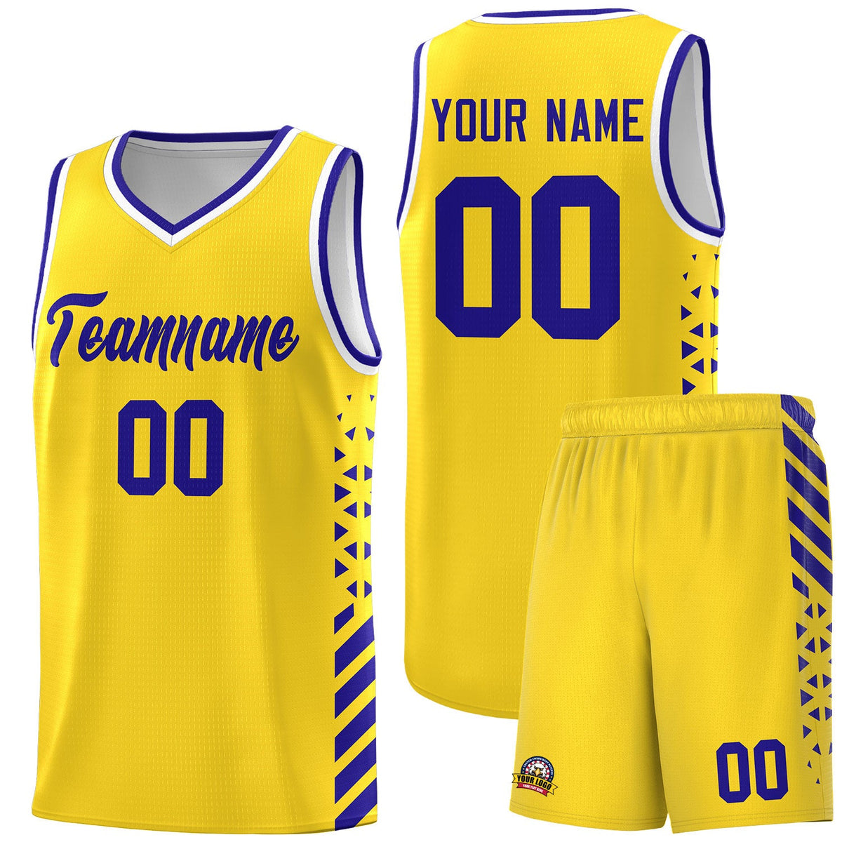 Custom Gold Royal Blue White Side Diamond Shapes Stripes Basketball Jersey | For Men,Sublimation Printed,Perfect for Teams,Perfect for Coaches | KXKSHOP