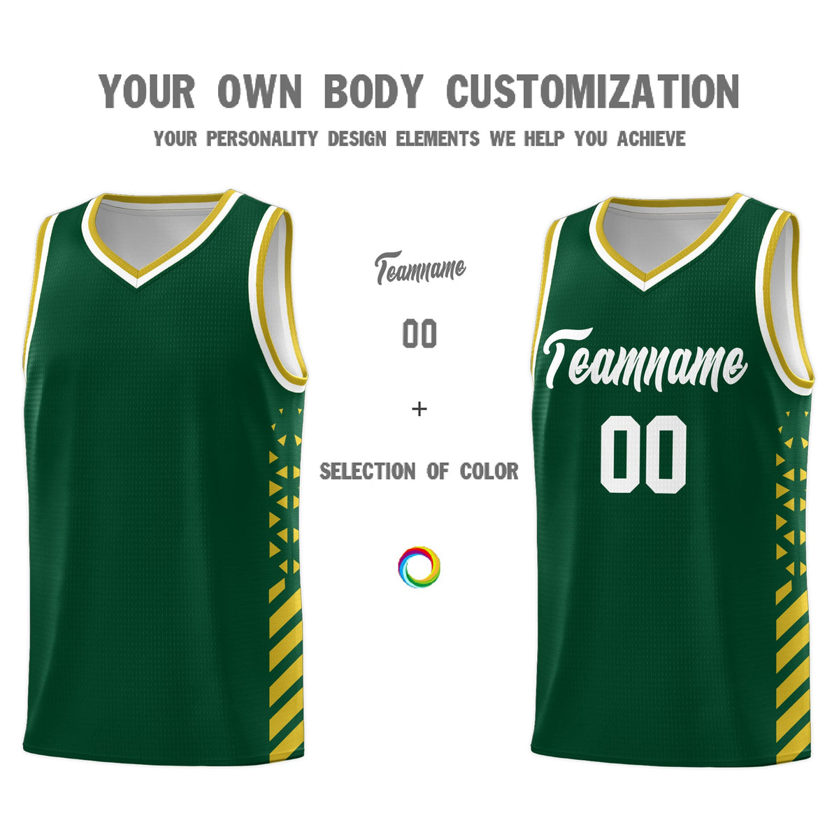 Custom Hunter Green Old Gold White Side Diamond Shapes Stripes Basketball Jersey | For Men,Sublimation Printed,Perfect for Teams,Perfect for Coaches | KXKSHOP