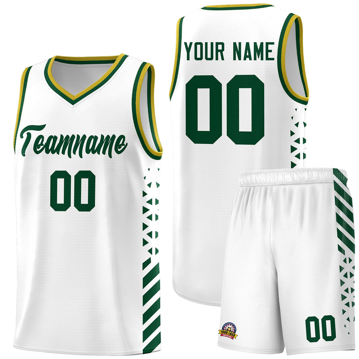 Custom White Hunter Green Old Gold Side Diamond Shapes Stripes Basketball Jersey | For Men,Sublimation Printed,Perfect for Teams,Perfect for Coaches | KXKSHOP