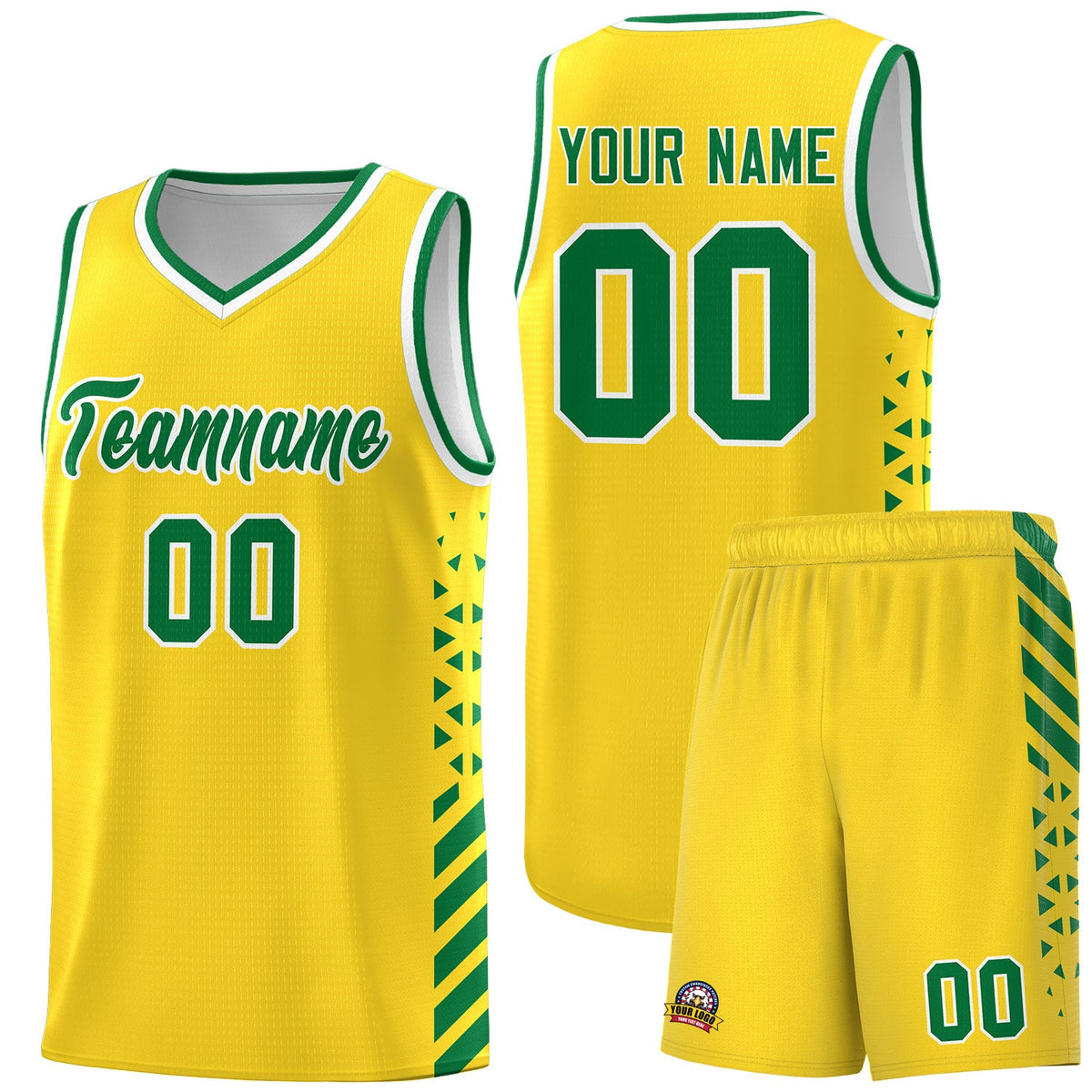 Custom Gold Kelly Green White Side Diamond Shapes Stripes Basketball Jersey | For Men,Sublimation Printed,Perfect for Teams,Perfect for Coaches | KXKSHOP