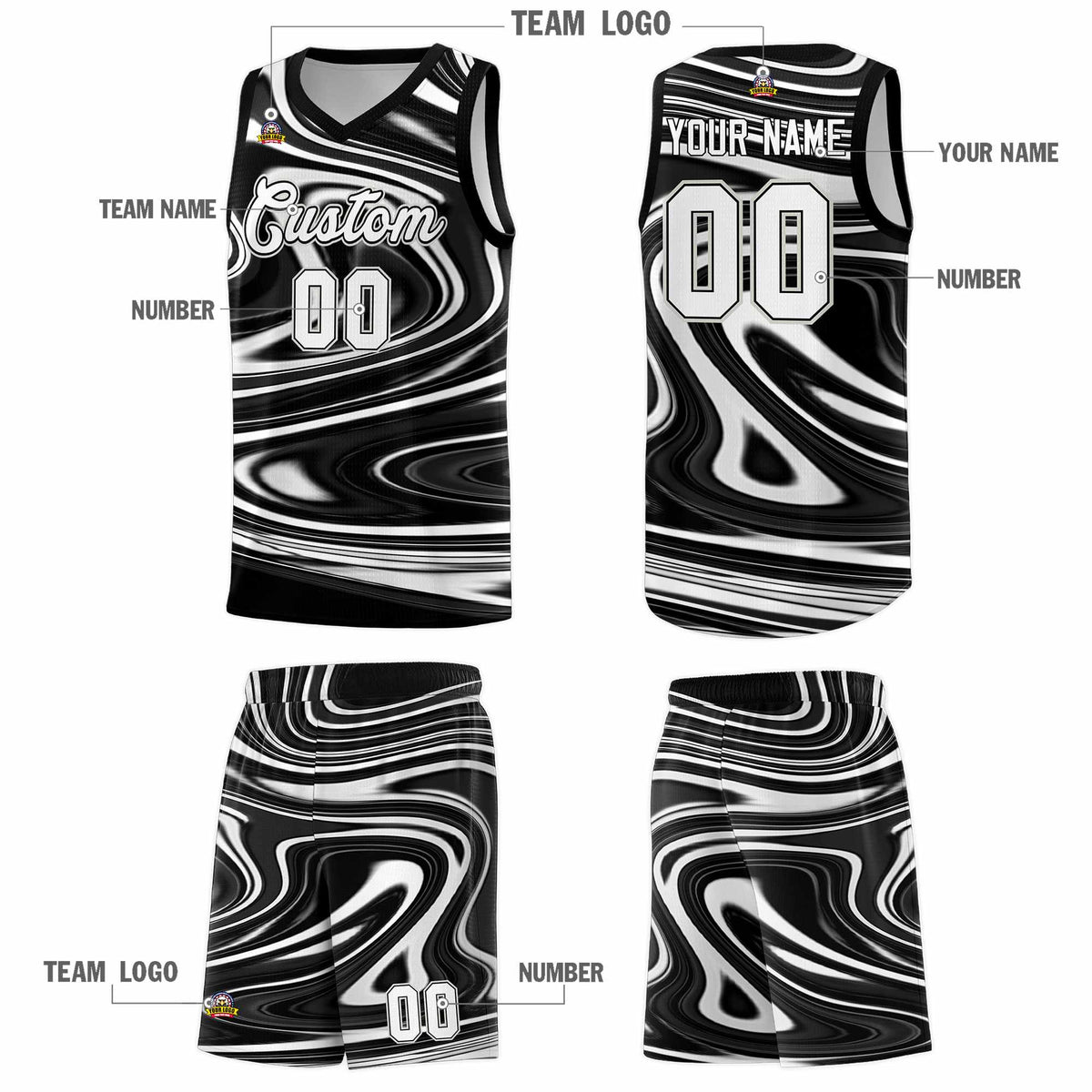 Custom Black White Graffiti Pattern Fluids Style Sports Uniform Basketball Jersey Kits|KXKSHOP