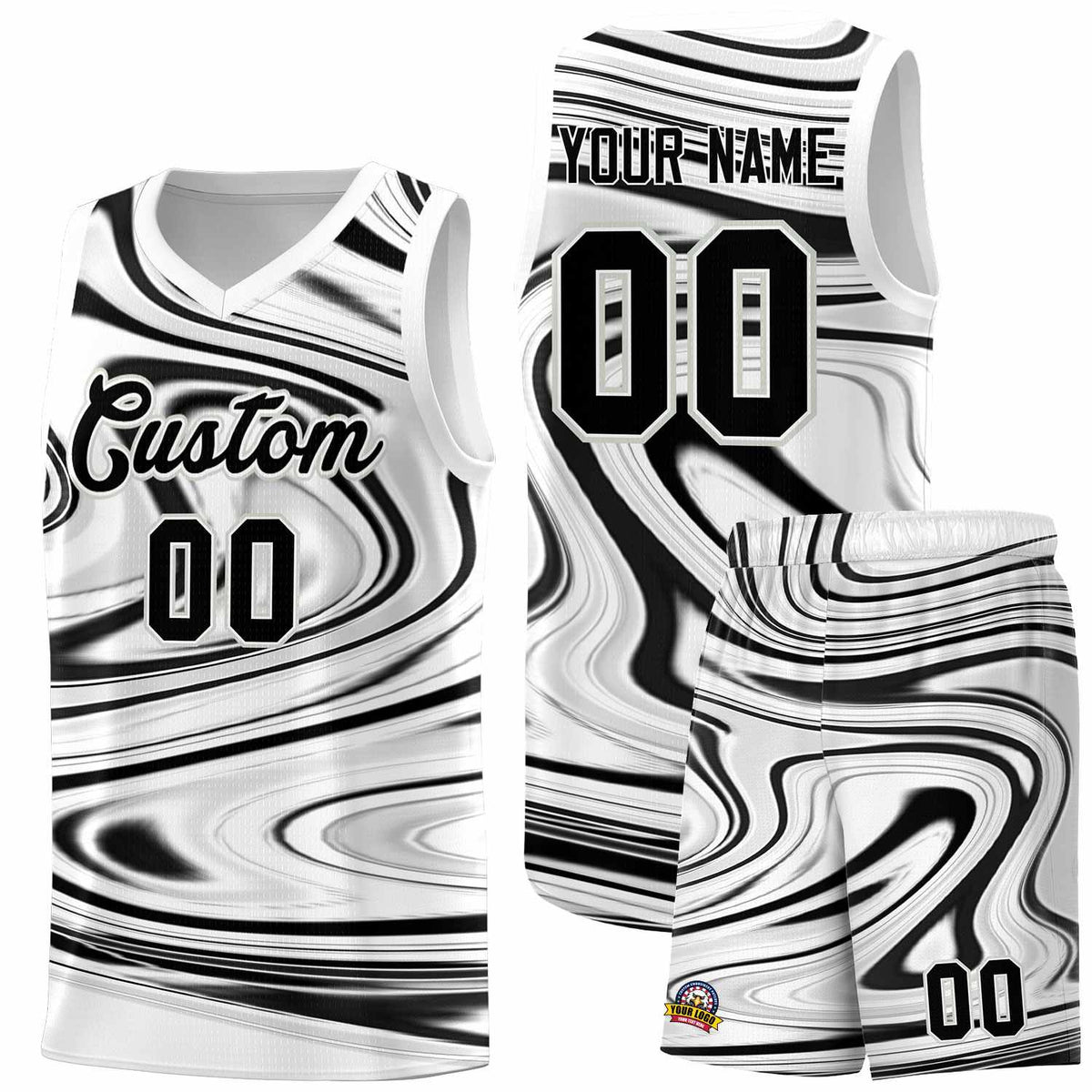Custom White Black Graffiti Pattern Fluids Style Sports Uniform Basketball Jersey Kits|KXKSHOP