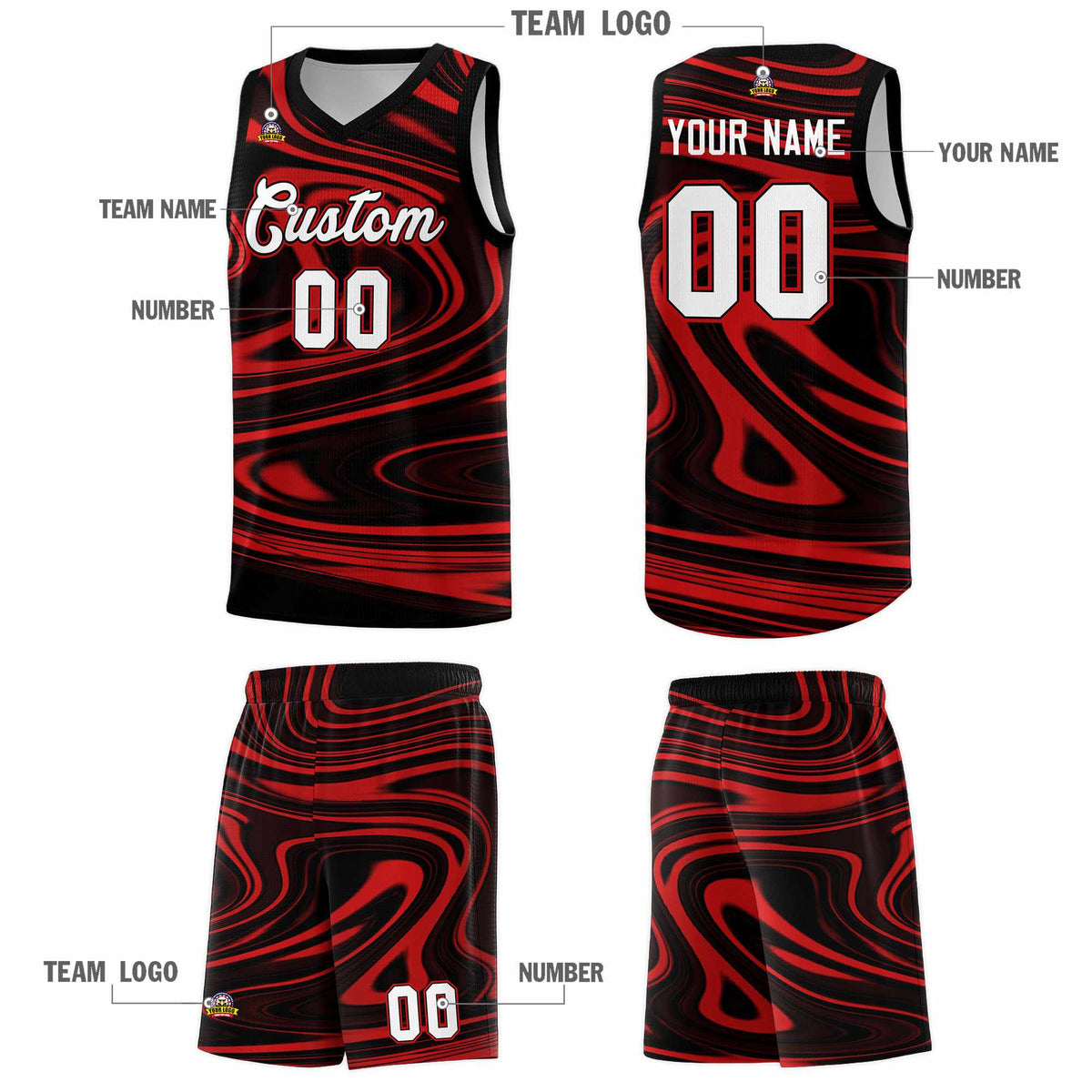 Custom Black Red Graffiti Pattern Fluids Style Sports Uniform Basketball Jersey Kits|KXKSHOP