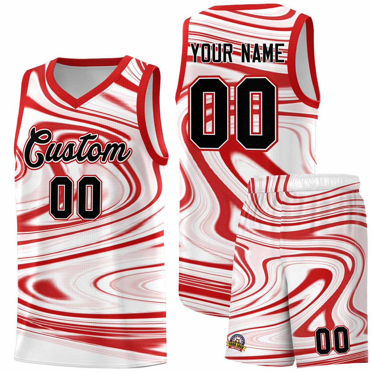 Custom White Red Graffiti Pattern Fluids Style Sports Uniform Basketball Jersey Kits|KXKSHOP