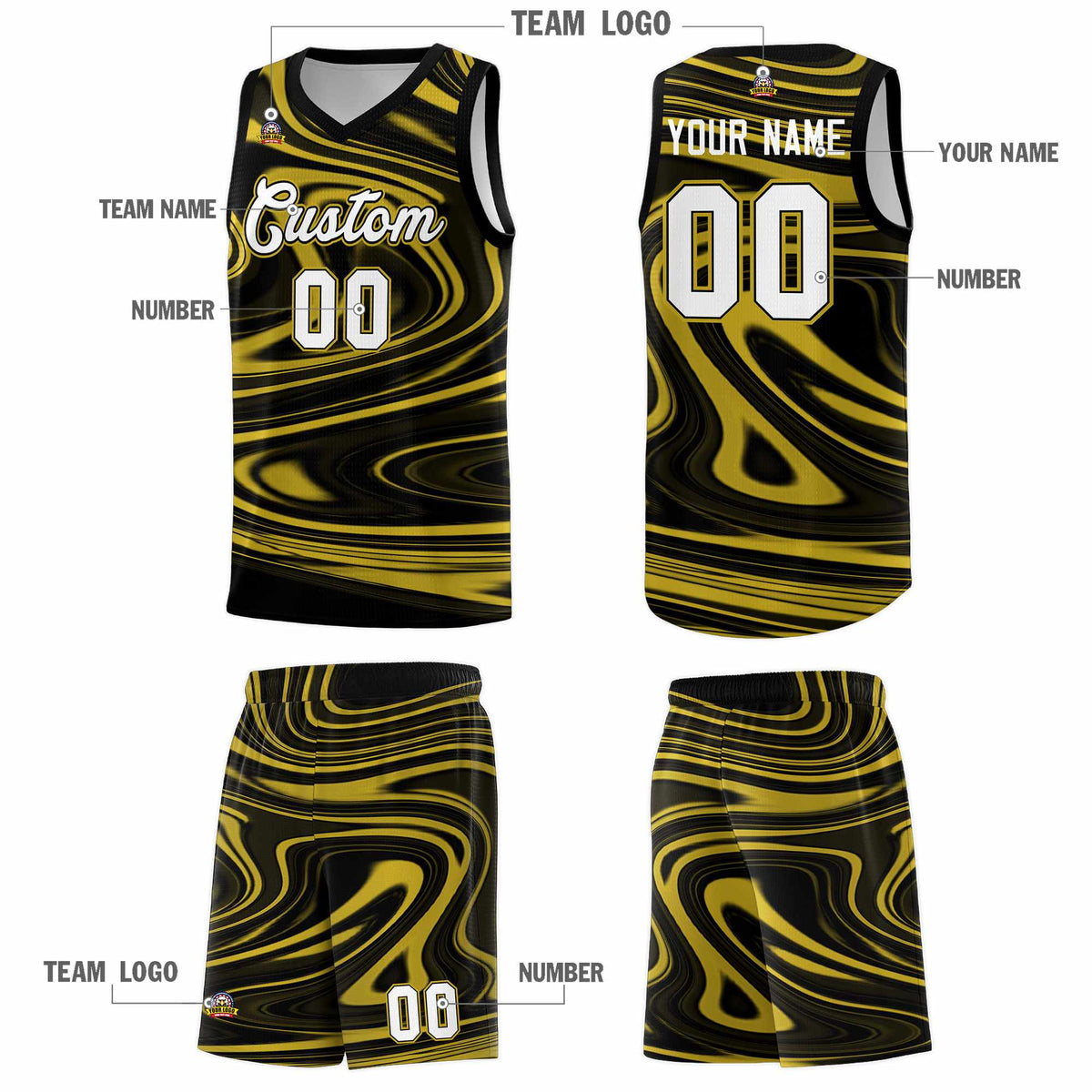 Custom Black Old Gold Graffiti Pattern Fluids Style Sports Uniform Basketball Jersey Kits|KXKSHOP