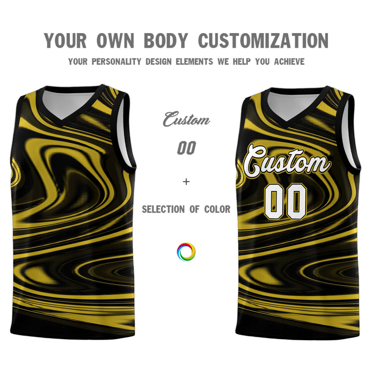 Custom Black Old Gold Graffiti Pattern Fluids Style Sports Uniform Basketball Jersey Kits|KXKSHOP