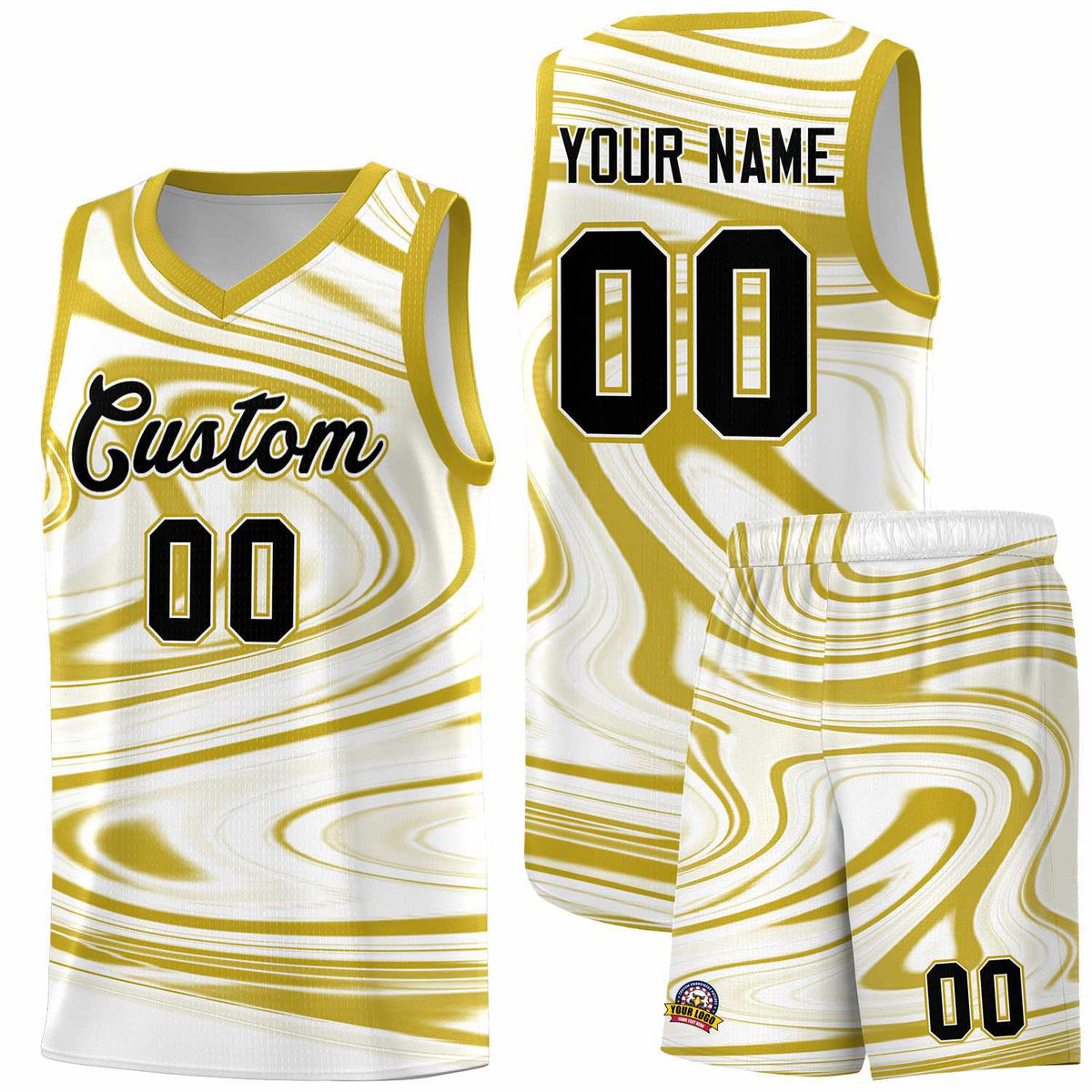 Custom White Old Gold Graffiti Pattern Fluids Style Sports Uniform Basketball Jersey Kits|KXKSHOP