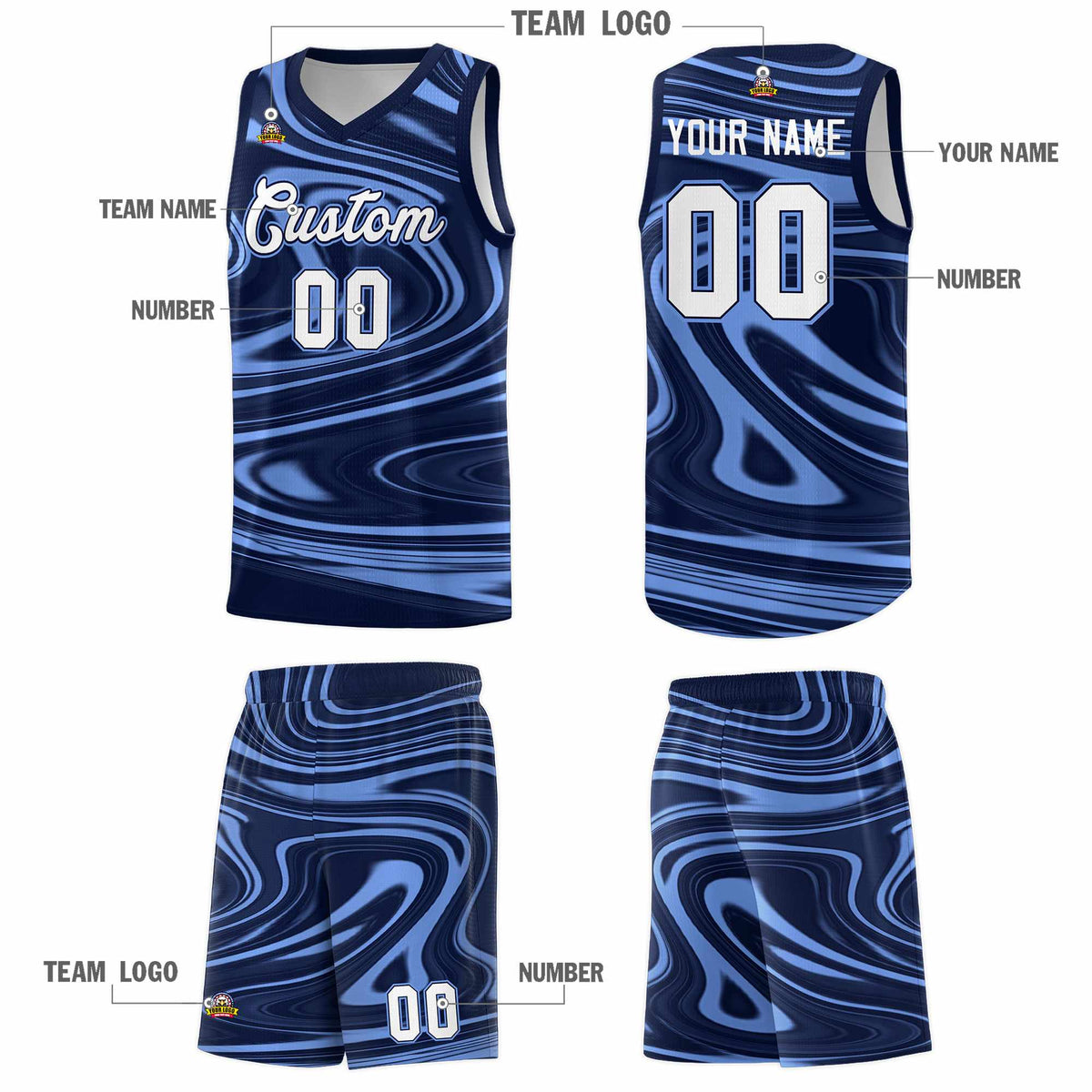 Custom Navy Light Blue Graffiti Pattern Fluids Style Sports Uniform Basketball Jersey Kits|KXKSHOP