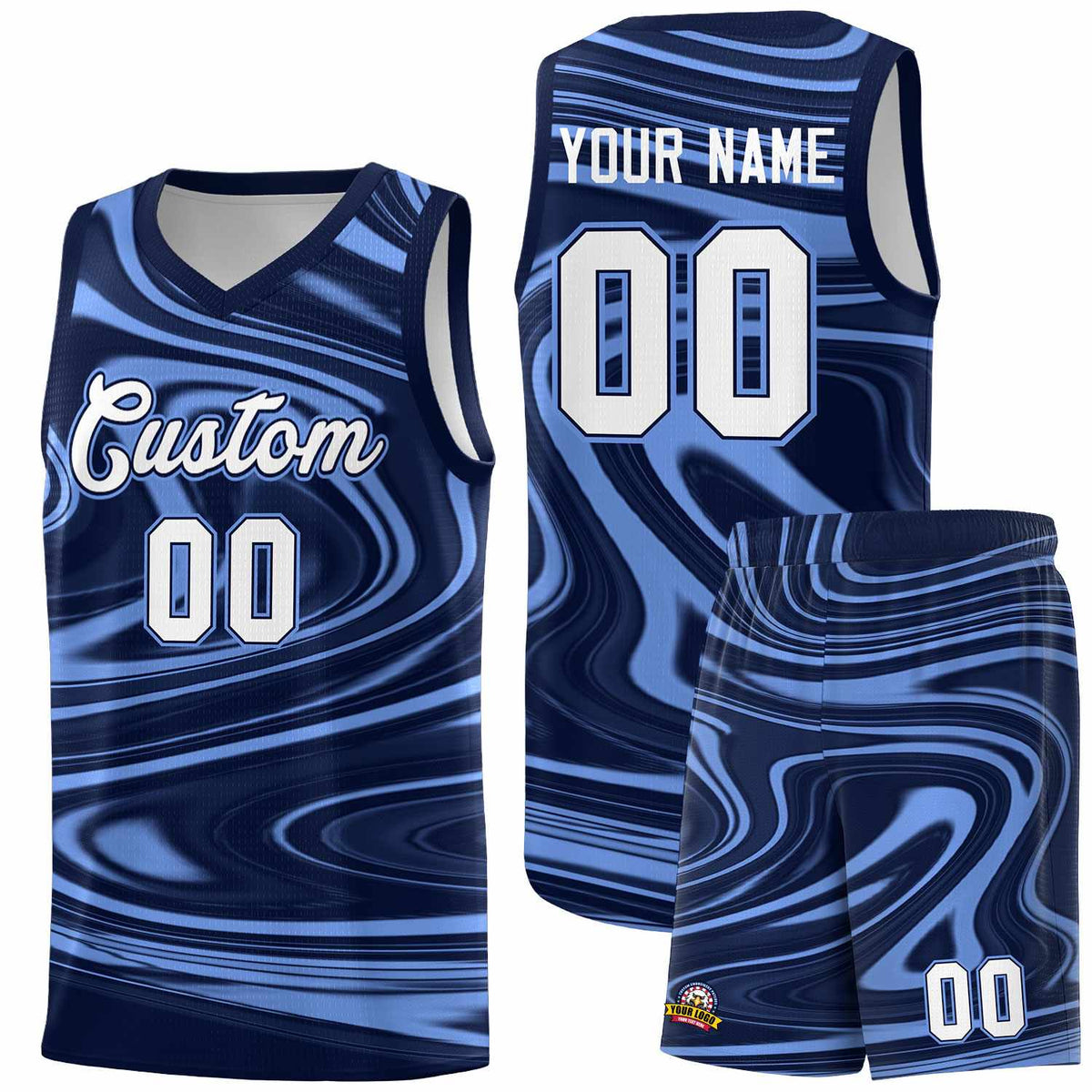 Custom Navy Light Blue Graffiti Pattern Fluids Style Sports Uniform Basketball Jersey Kits|KXKSHOP