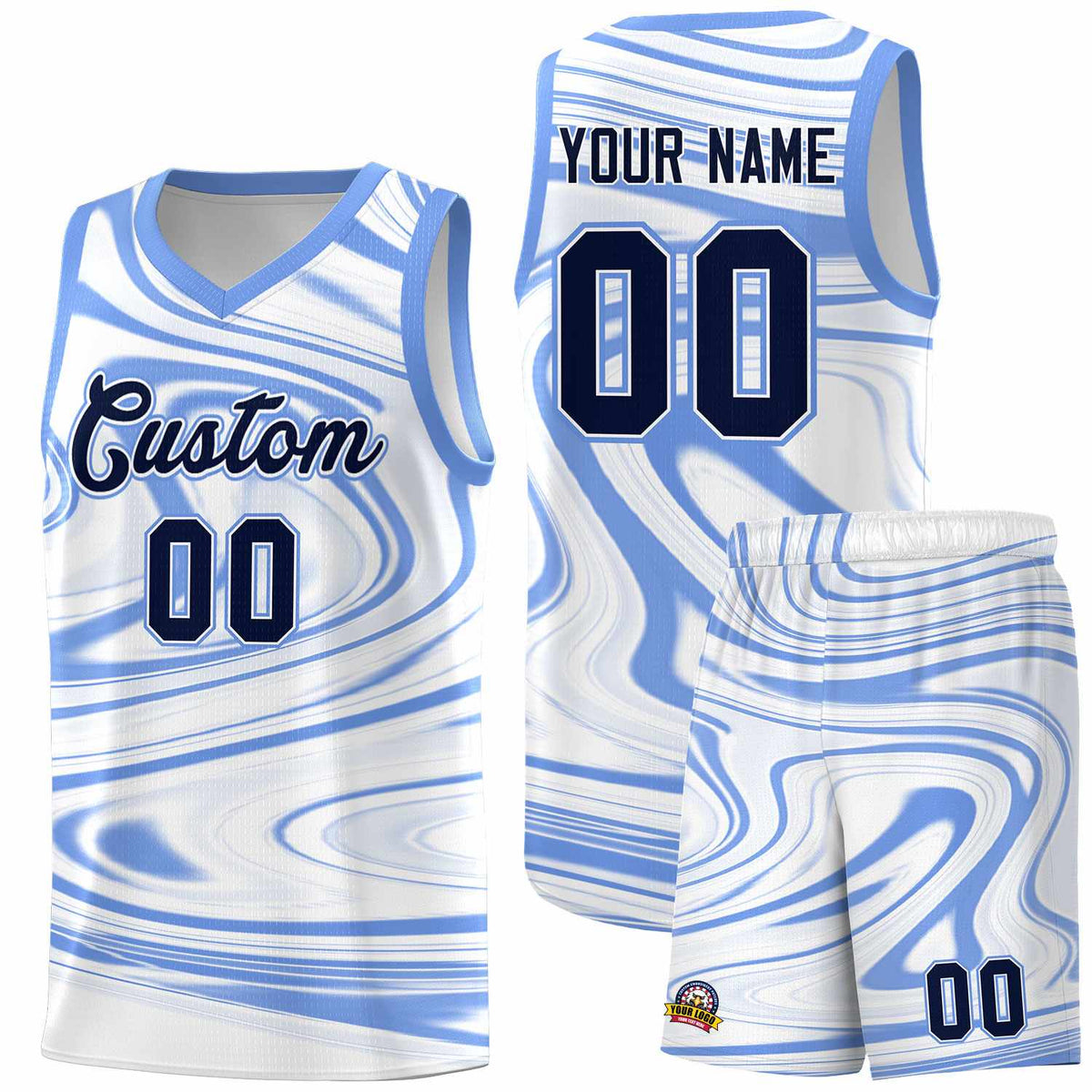 Custom White Light Blue Graffiti Pattern Fluids Style Sports Uniform Basketball Jersey Kits|KXKSHOP