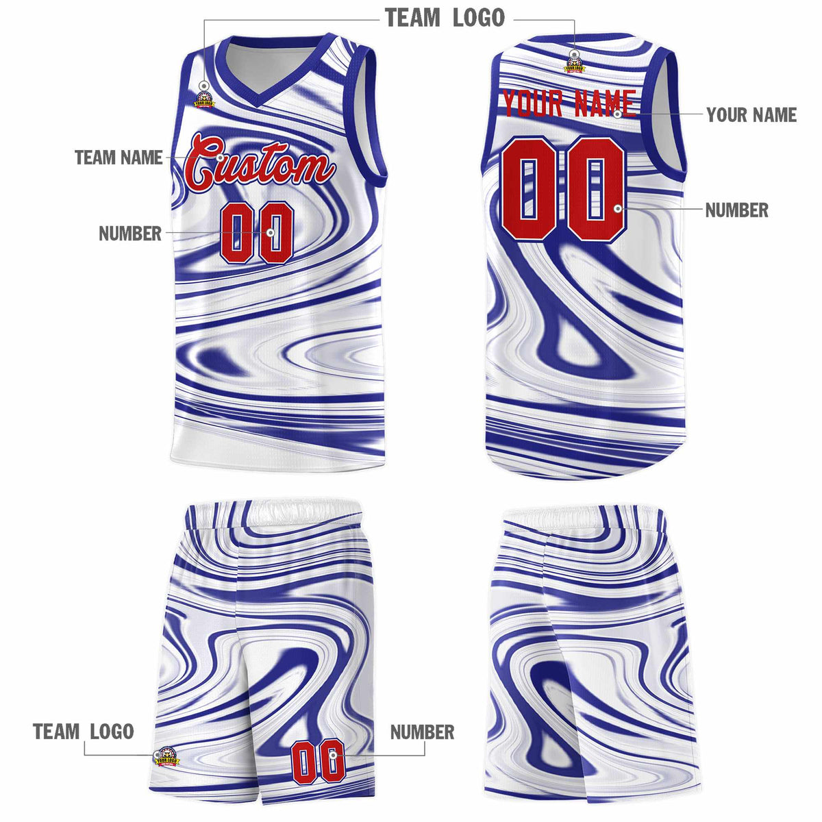 Custom White Royal Graffiti Pattern Fluids Style Sports Uniform Basketball Jersey Kits|KXKSHOP