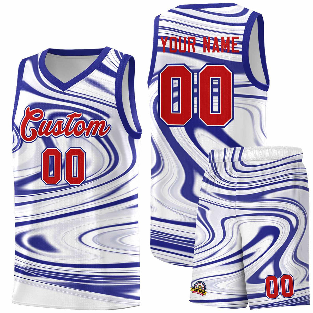 Custom White Royal Graffiti Pattern Fluids Style Sports Uniform Basketball Jersey Kits|KXKSHOP