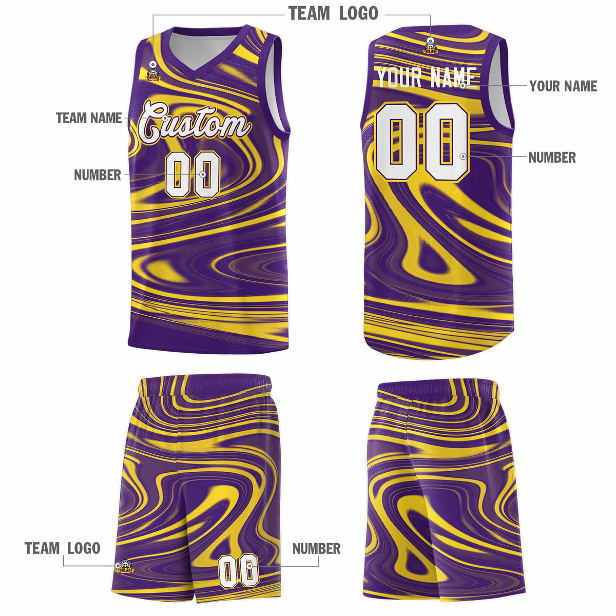 Custom Purple Gold Graffiti Pattern Fluids Style Sports Uniform Basketball Jersey Kits|KXKSHOP
