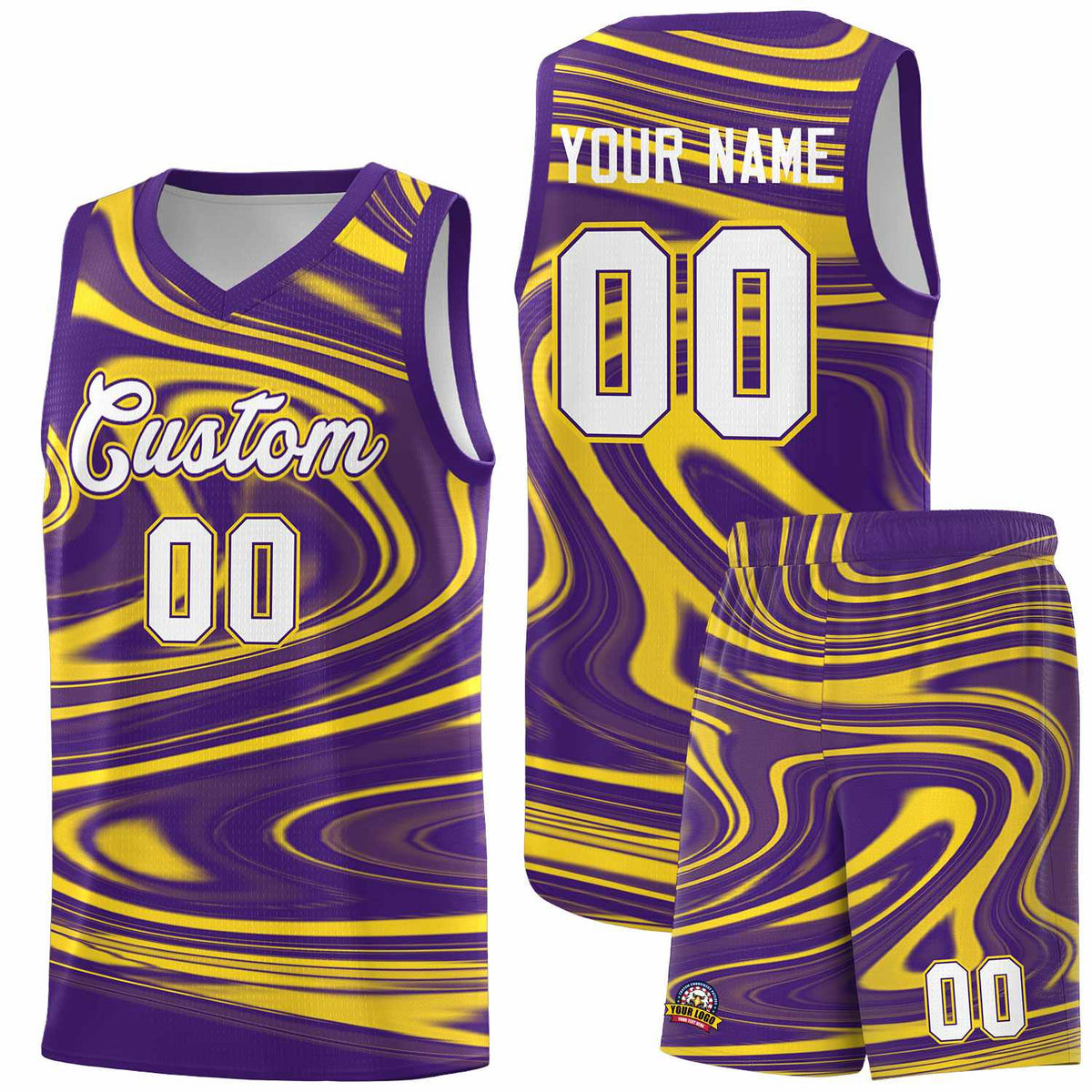Custom Purple Gold Graffiti Pattern Fluids Style Sports Uniform Basketball Jersey Kits|KXKSHOP
