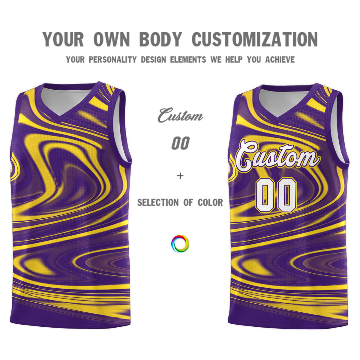 Custom Purple Gold Graffiti Pattern Fluids Style Sports Uniform Basketball Jersey Kits|KXKSHOP