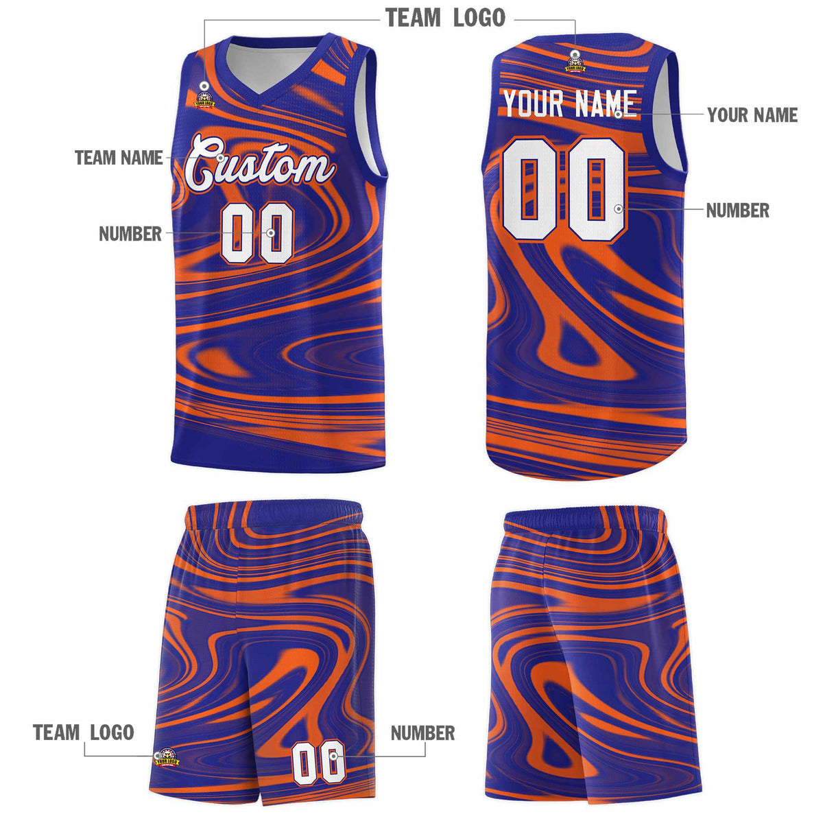 Custom Royal Orange Graffiti Pattern Fluids Style Sports Uniform Basketball Jersey Kits|KXKSHOP