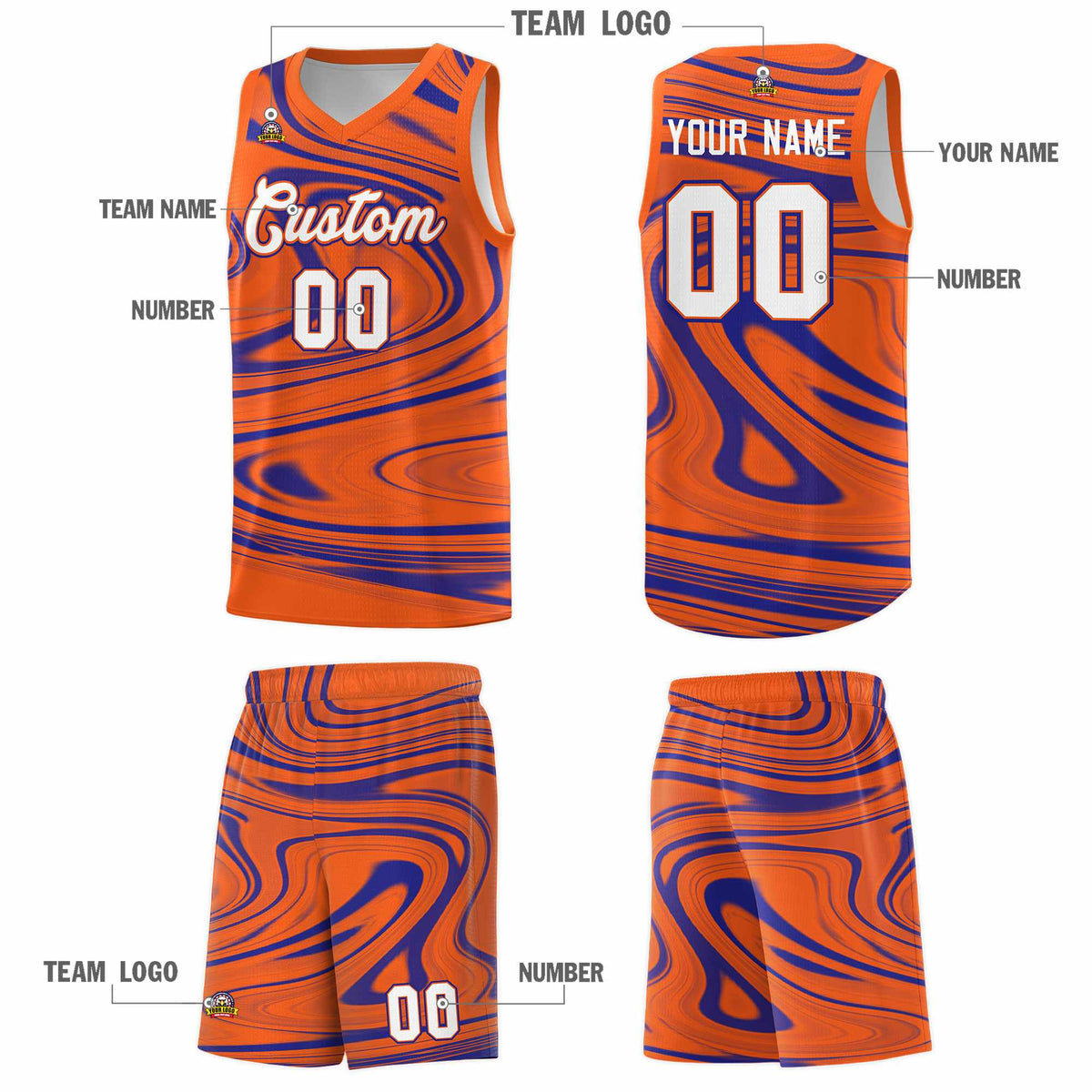 Custom Orange Royal Graffiti Pattern Fluids Style Sports Uniform Basketball Jersey Kits|KXKSHOP