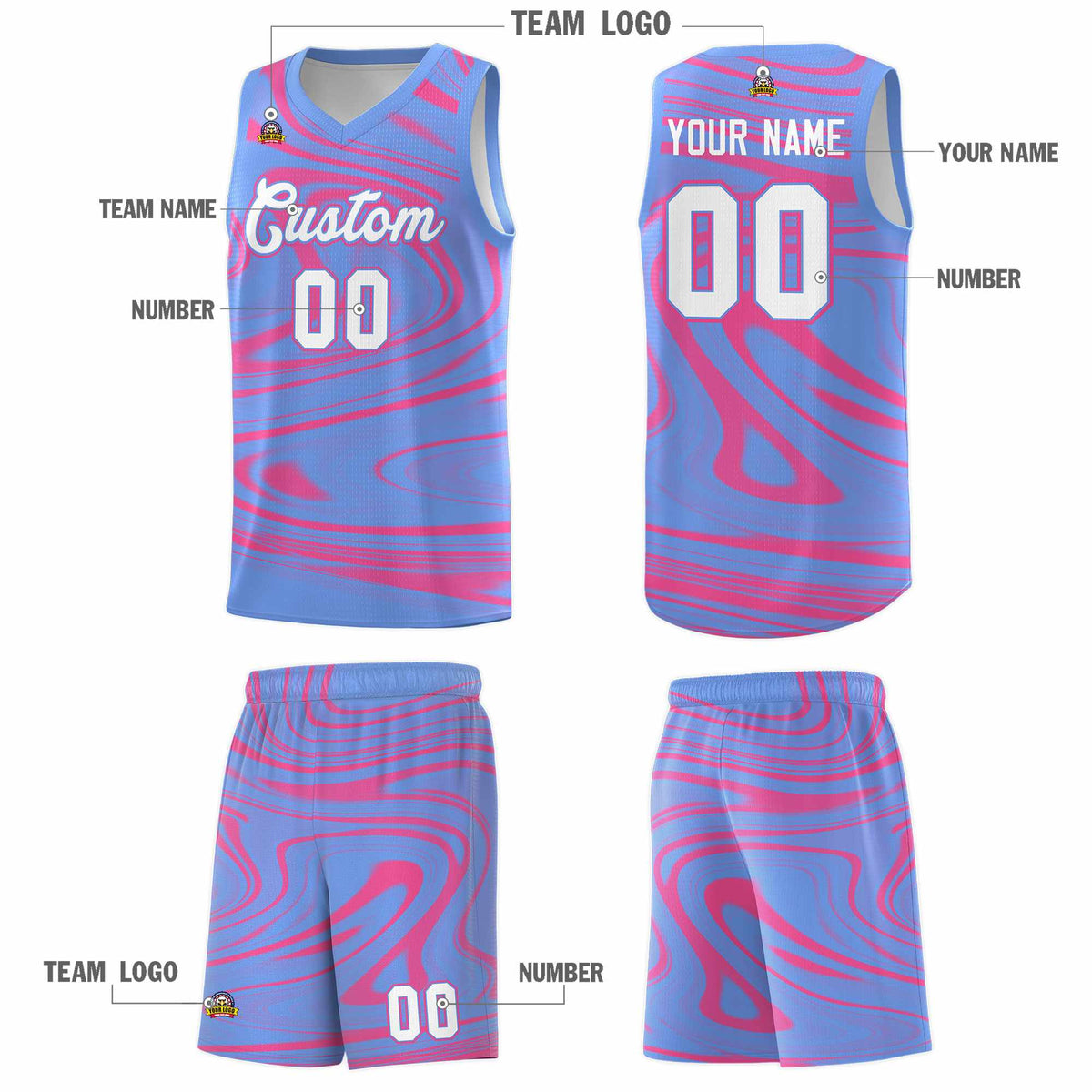 Custom Light Blue Pink Graffiti Pattern Fluids Style Sports Uniform Basketball Jersey Kits|KXKSHOP
