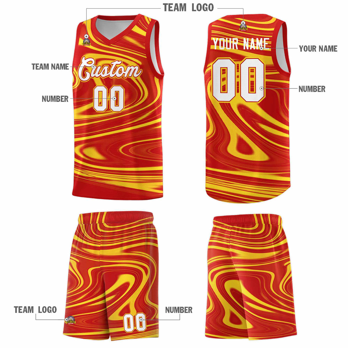 Custom Red Gold Graffiti Pattern Fluids Style Sports Uniform Basketball Jersey Kits|KXKSHOP