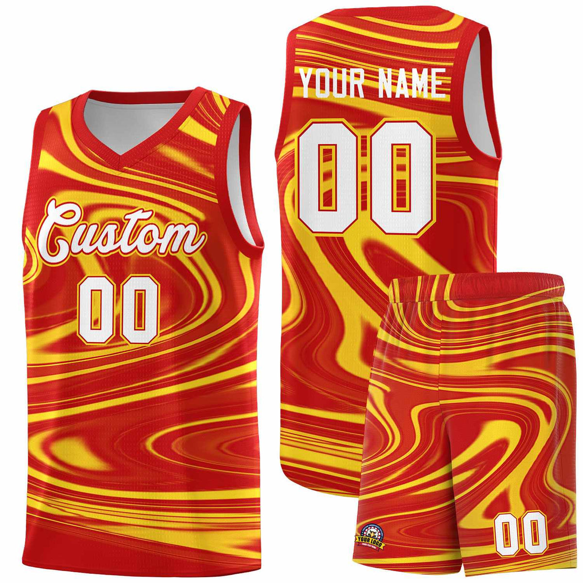 Custom Red Gold Graffiti Pattern Fluids Style Sports Uniform Basketball Jersey Kits|KXKSHOP