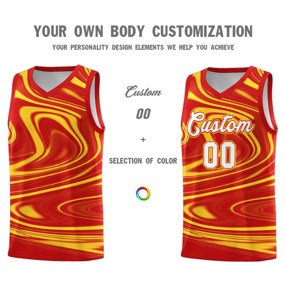 Custom Red Gold Graffiti Pattern Fluids Style Sports Uniform Basketball Jersey Kits|KXKSHOP