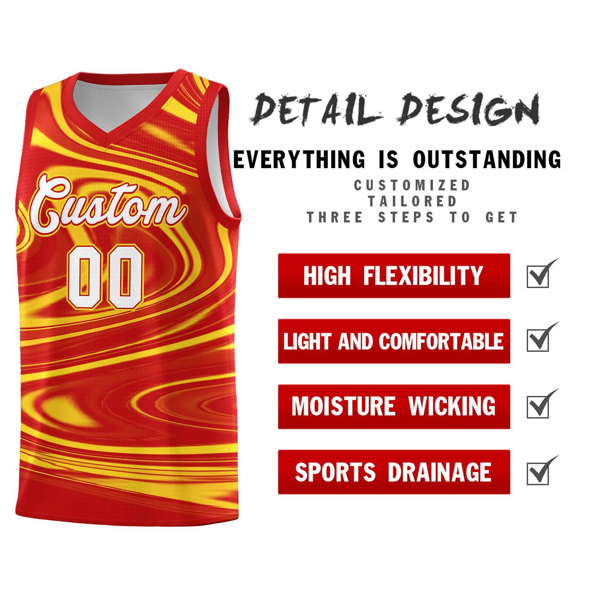 Custom Red Gold Graffiti Pattern Fluids Style Sports Uniform Basketball Jersey Kits|KXKSHOP