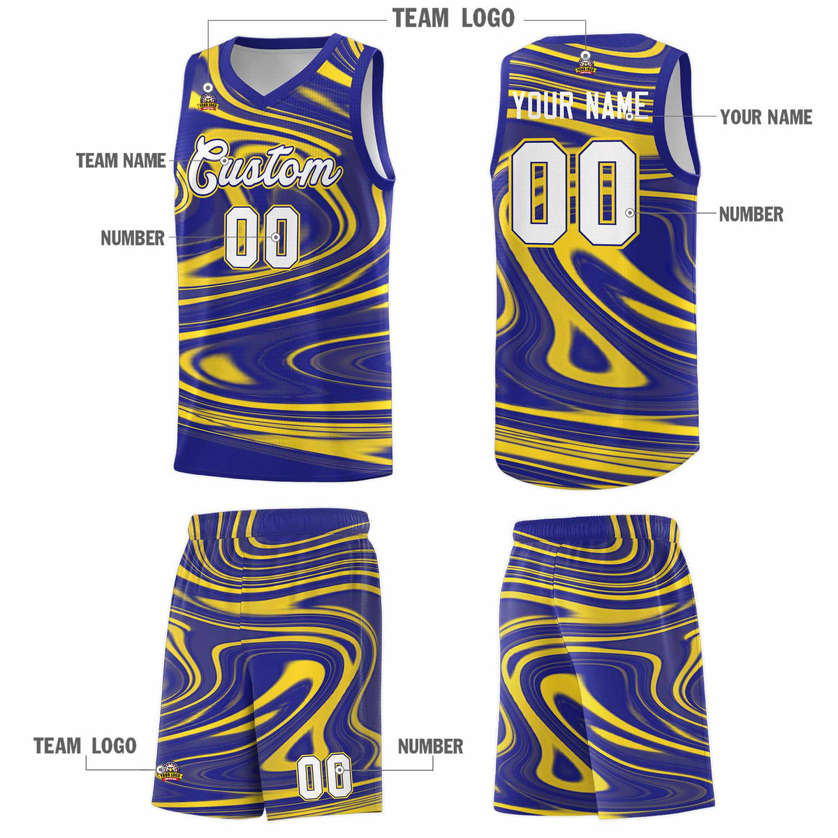 Custom Royal Gold Graffiti Pattern Fluids Style Sports Uniform Basketball Jersey Kits|KXKSHOP