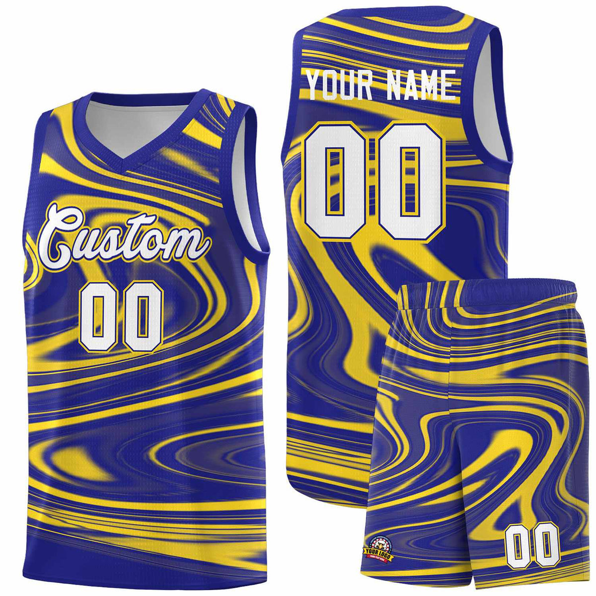 Custom Royal Gold Graffiti Pattern Fluids Style Sports Uniform Basketball Jersey Kits|KXKSHOP