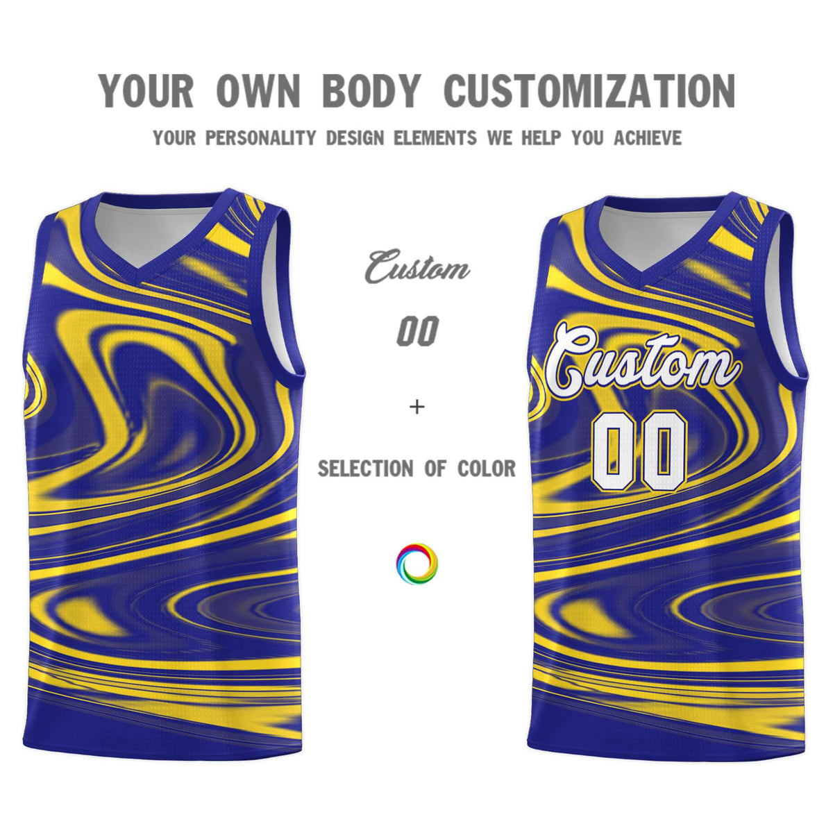 Custom Royal Gold Graffiti Pattern Fluids Style Sports Uniform Basketball Jersey Kits|KXKSHOP