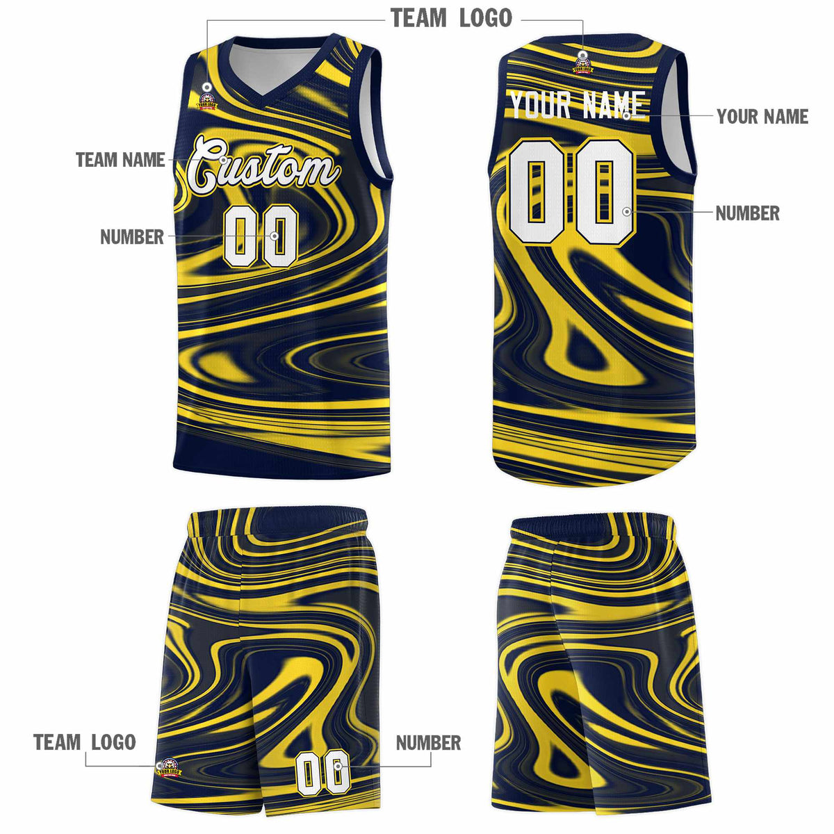 Custom Navy Gold Graffiti Pattern Fluids Style Sports Uniform Basketball Jersey Kits|KXKSHOP
