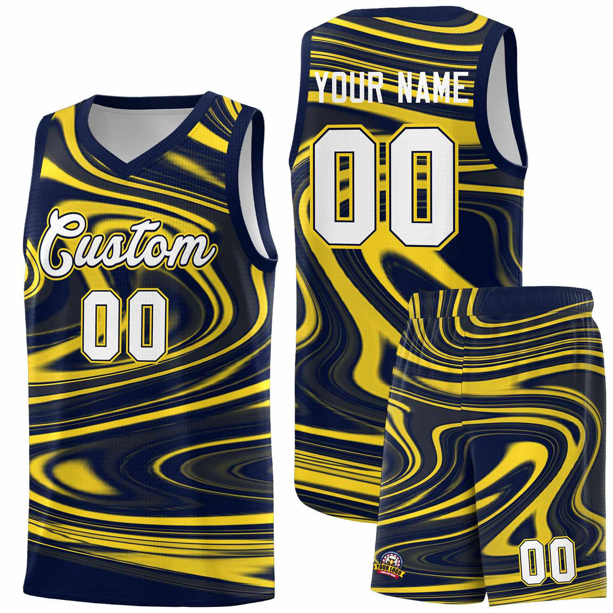 Custom Navy Gold Graffiti Pattern Fluids Style Sports Uniform Basketball Jersey Kits|KXKSHOP