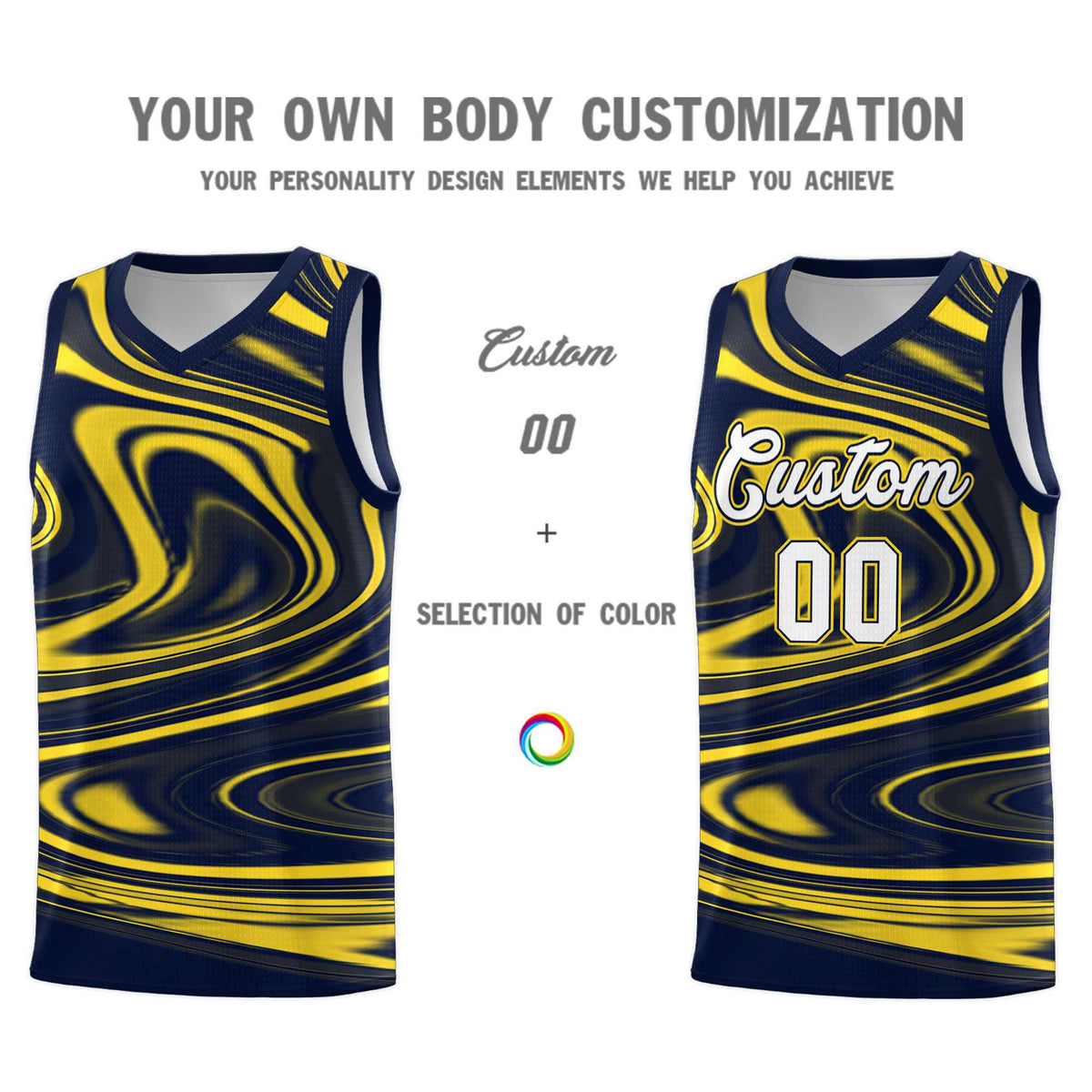 Custom Navy Gold Graffiti Pattern Fluids Style Sports Uniform Basketball Jersey Kits|KXKSHOP