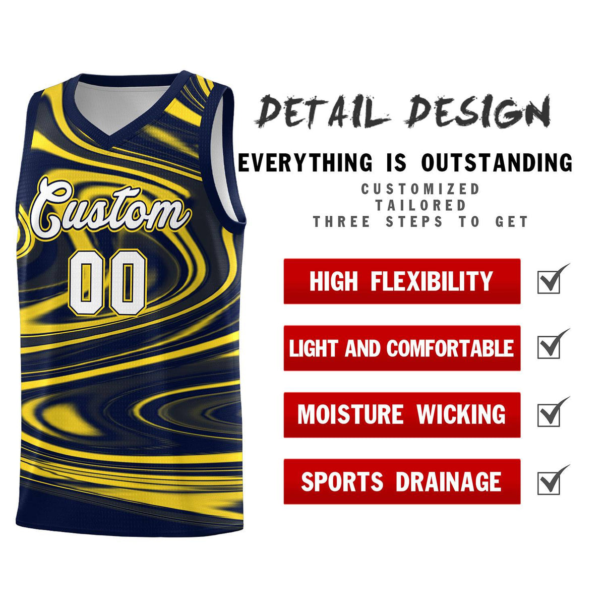 Custom Navy Gold Graffiti Pattern Fluids Style Sports Uniform Basketball Jersey Kits|KXKSHOP