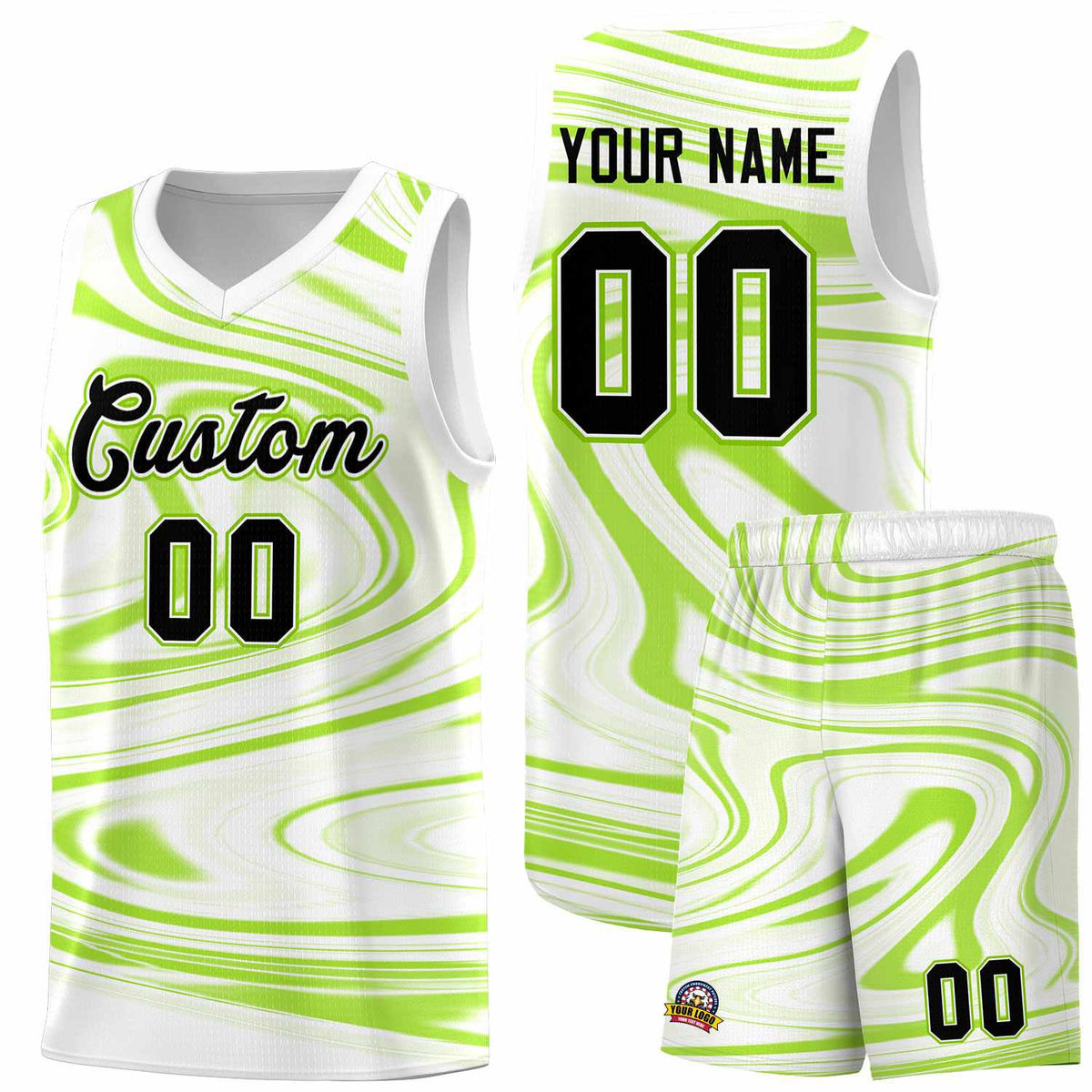 Custom White Light Green Graffiti Pattern Fluids Style Sports Uniform Basketball Jersey Kits|KXKSHOP