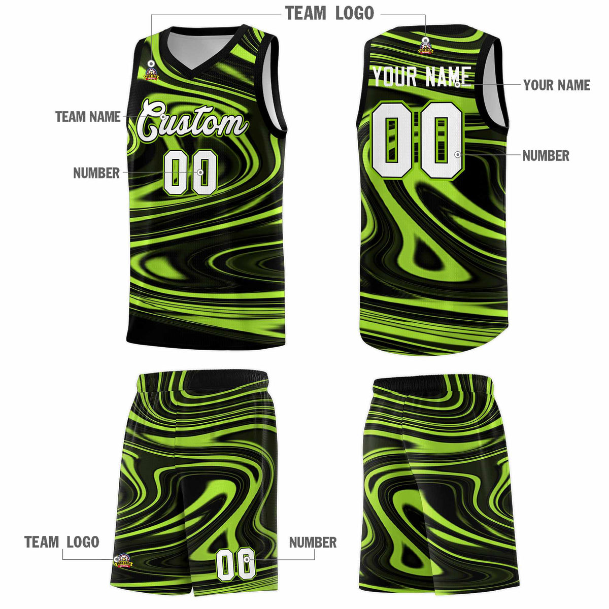 Custom Black Light Green Graffiti Pattern Fluids Style Sports Uniform Basketball Jersey Kits|KXKSHOP