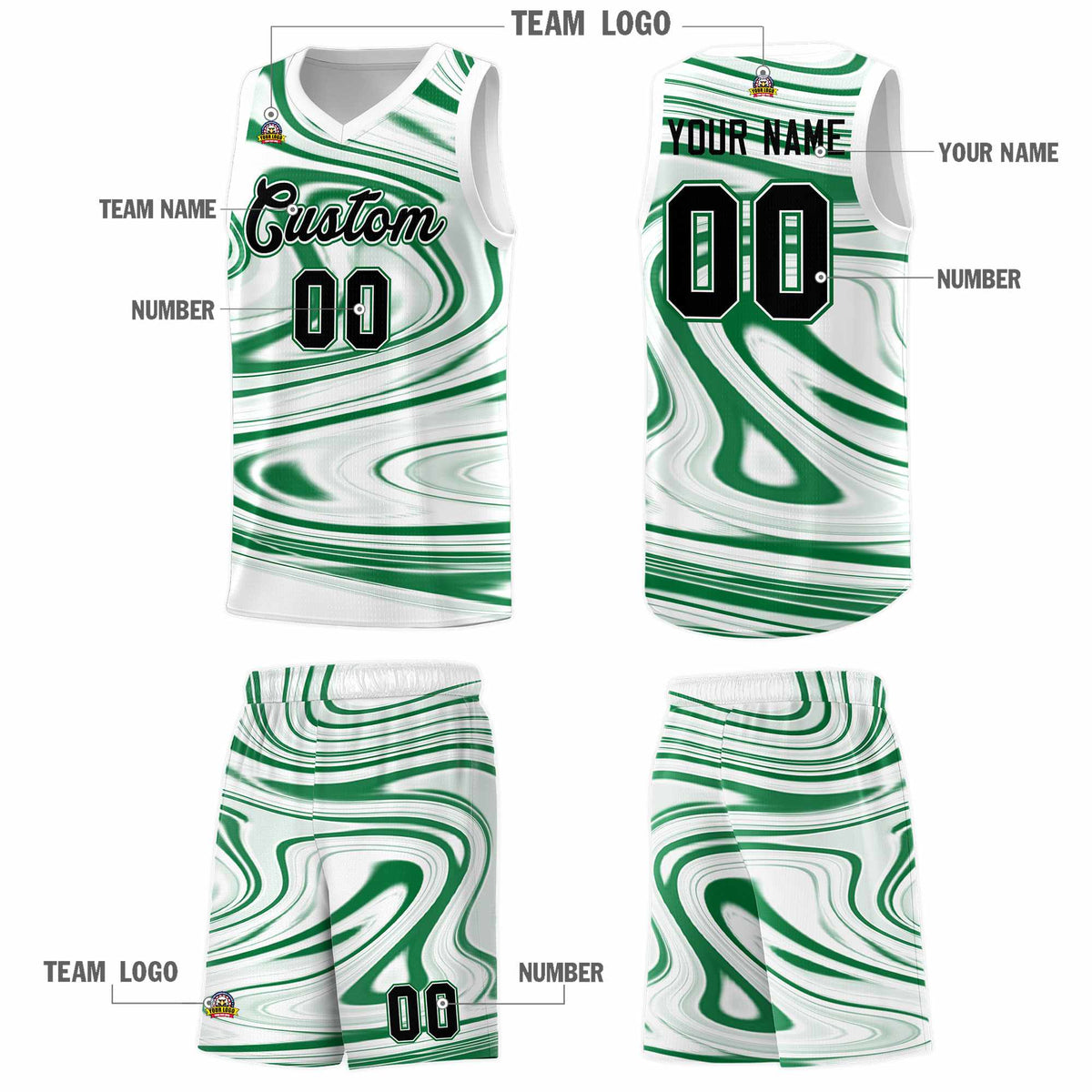 Custom White Kelly Green Graffiti Pattern Fluids Style Sports Uniform Basketball Jersey Kits|KXKSHOP