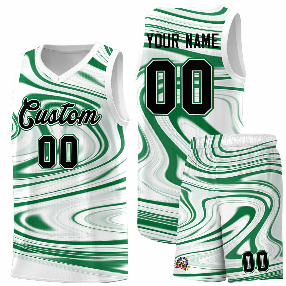 Custom White Kelly Green Graffiti Pattern Fluids Style Sports Uniform Basketball Jersey Kits|KXKSHOP