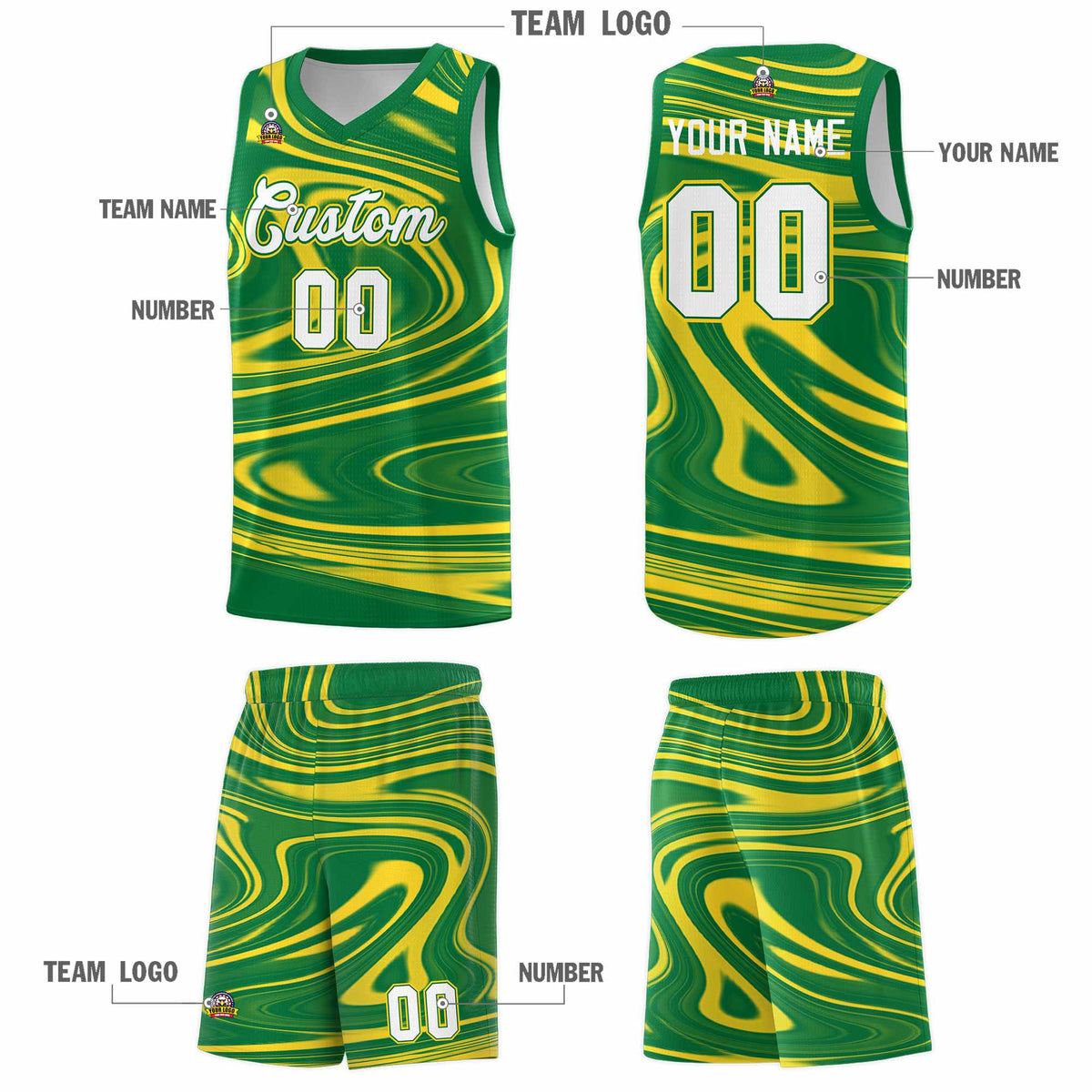 Custom Kelly Green Gold Graffiti Pattern Fluids Style Sports Uniform Basketball Jersey Kits|KXKSHOP