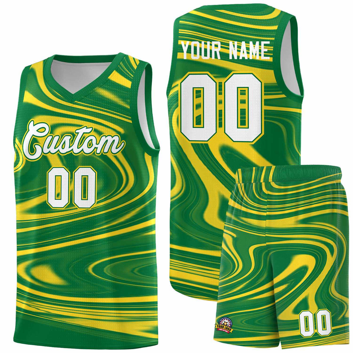 Custom Kelly Green Gold Graffiti Pattern Fluids Style Sports Uniform Basketball Jersey Kits|KXKSHOP