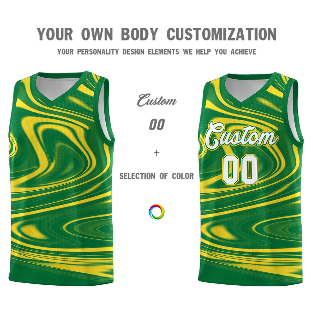 Custom Kelly Green Gold Graffiti Pattern Fluids Style Sports Uniform Basketball Jersey Kits|KXKSHOP