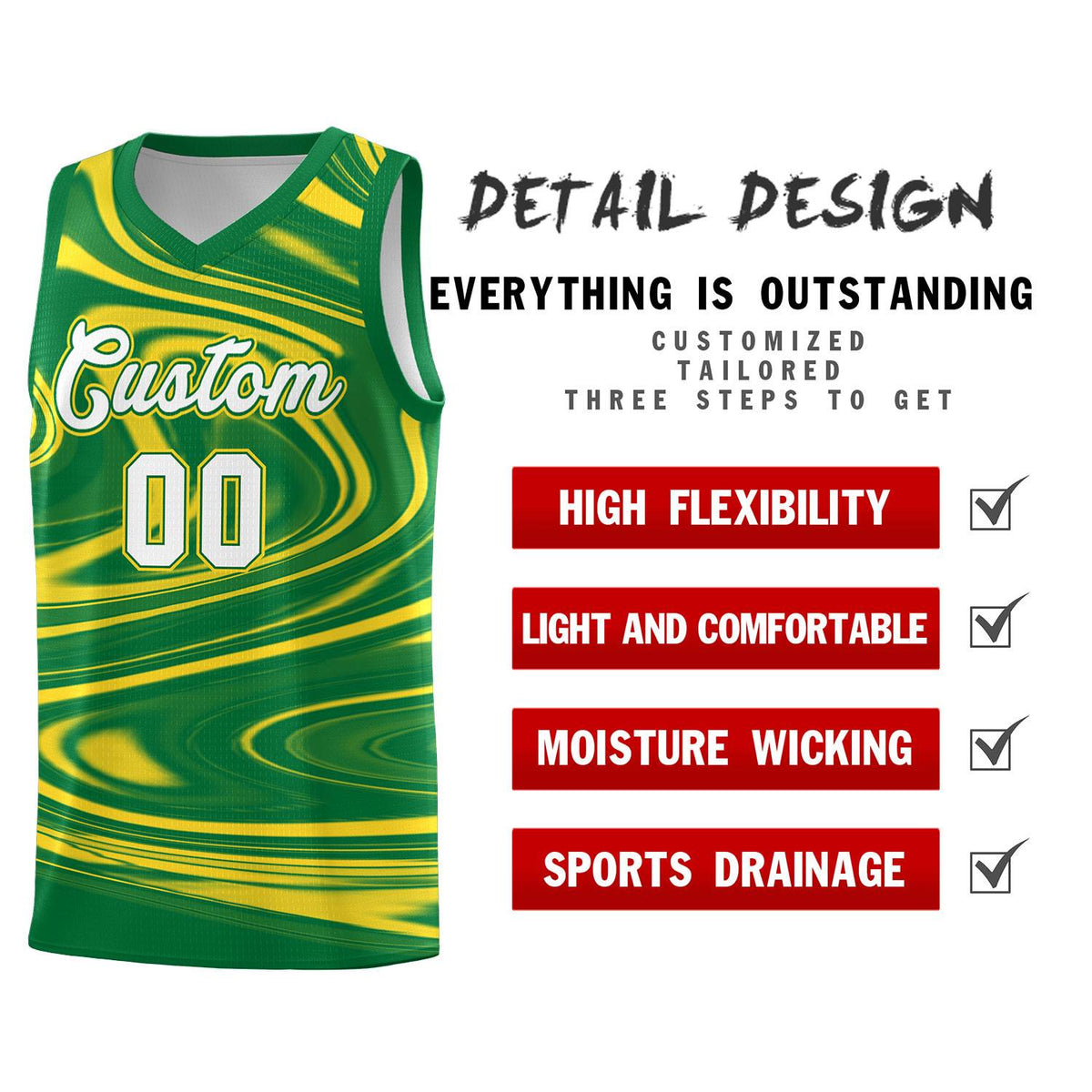 Custom Kelly Green Gold Graffiti Pattern Fluids Style Sports Uniform Basketball Jersey Kits|KXKSHOP