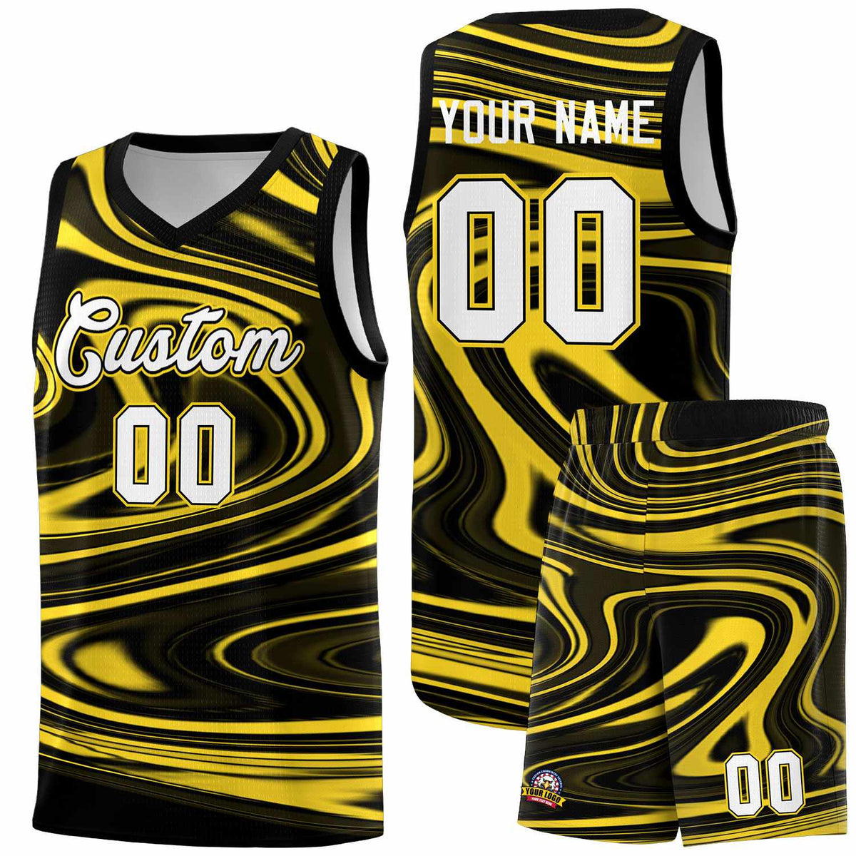 Custom Black Gold Graffiti Pattern Fluids Style Sports Uniform Basketball Jersey Kits|KXKSHOP