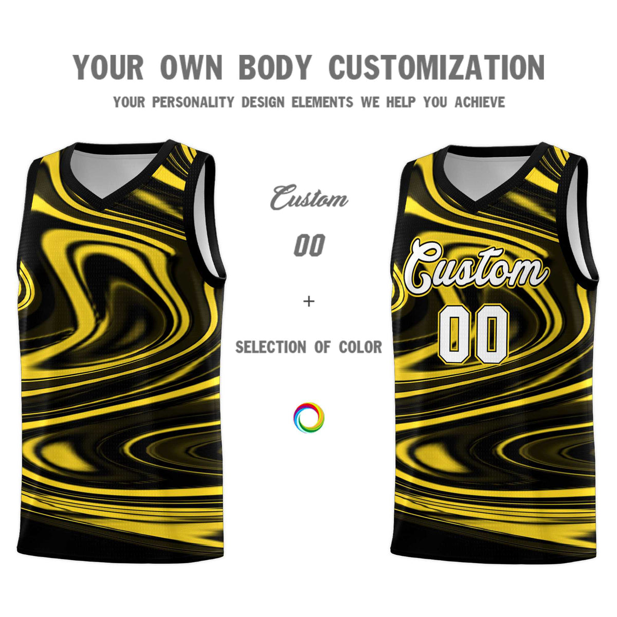 Custom Black Gold Graffiti Pattern Fluids Style Sports Uniform Basketball Jersey Kits|KXKSHOP