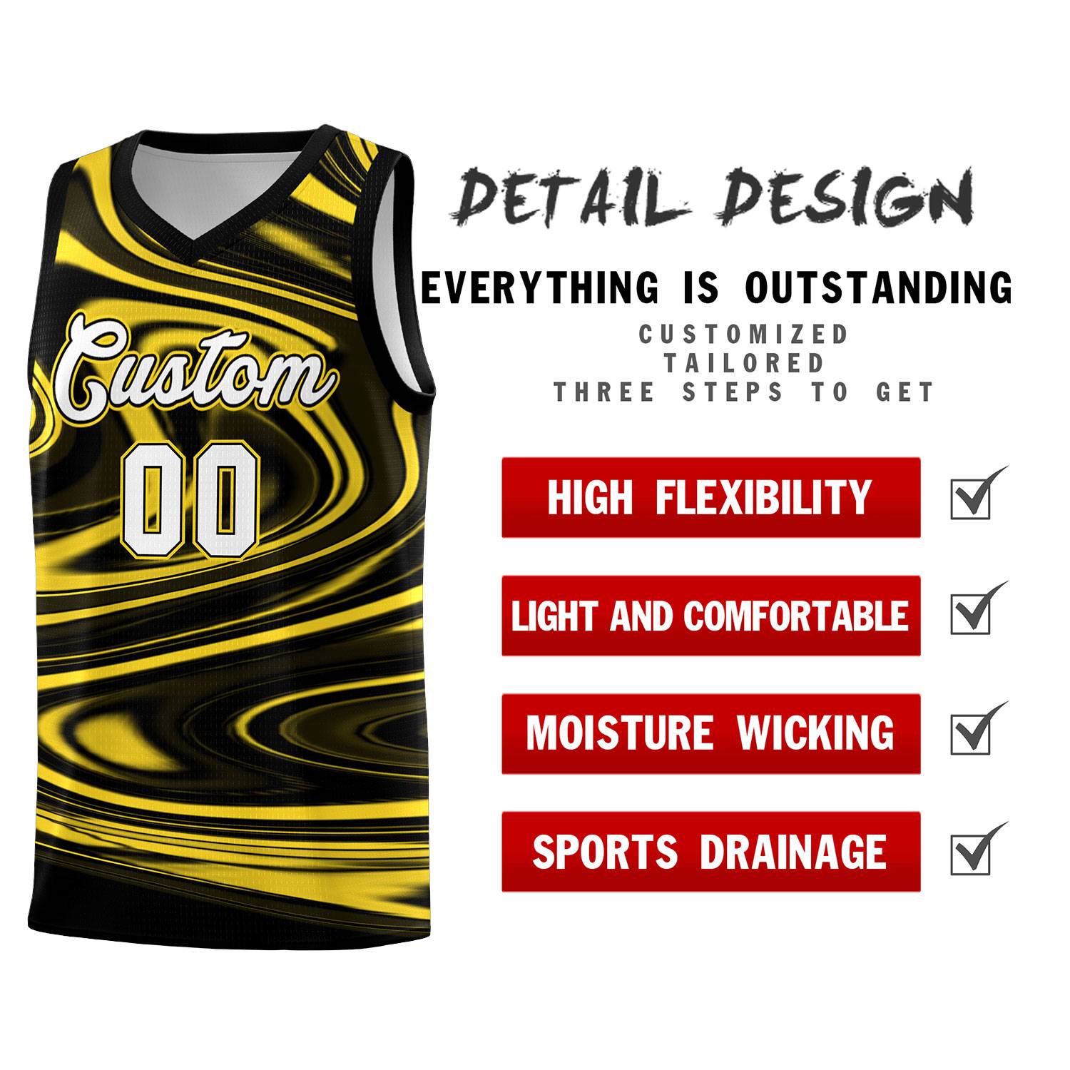 Custom Black Gold Graffiti Pattern Fluids Style Sports Uniform Basketball Jersey Kits|KXKSHOP