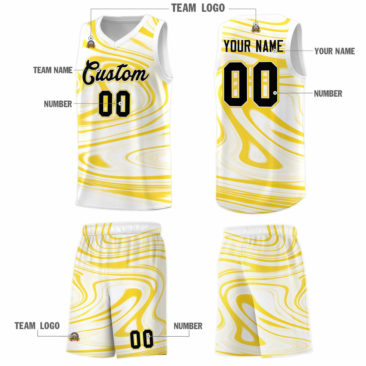 Custom White Gold Graffiti Pattern Fluids Style Sports Uniform Basketball Jersey Kits|KXKSHOP